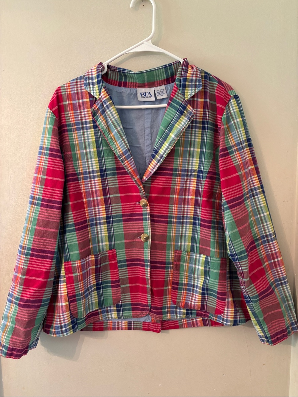 Vintage Madras Plaid Cotton Blazer Jacket BFA Classics 90s Preppy Coastal Large - Picture 2 of 11
